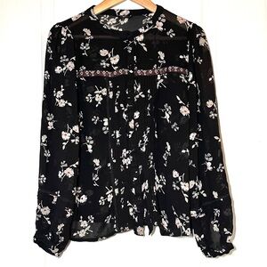 Black Floral Sheer Blouse Peasant Boho Embroidered Top Grandmacore Office Sz 14